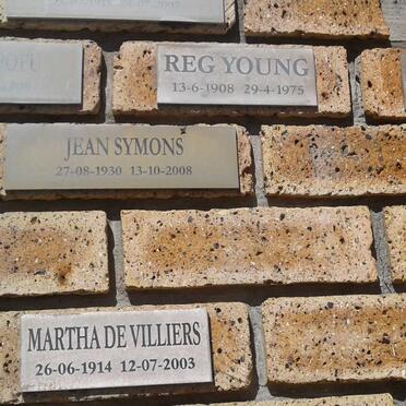 YOUNG Reg 1908-1975 &amp; Ruth 1910-1996 :: SYMONS Jean 1930-2008 :: VILLIERS Martha, de 1914-2003