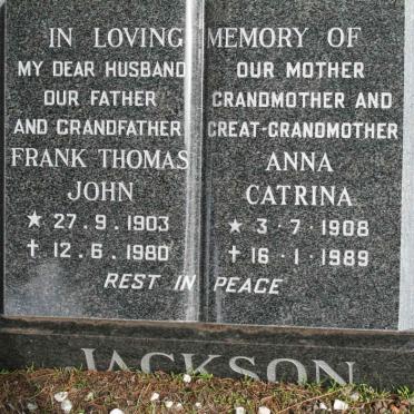 JACKSON Frank Thomas John 1903-1980 &amp; Anna Catrina 1908-1989