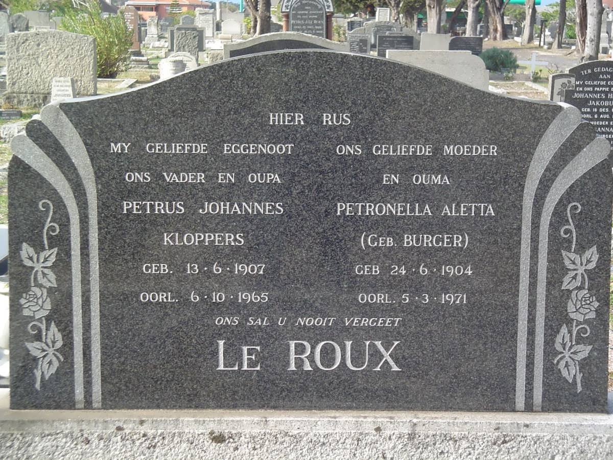 ROUX Petrus Johannes Kloppers, le 1907-1965 &amp; Petronella Aletta BURGER 1904-1971