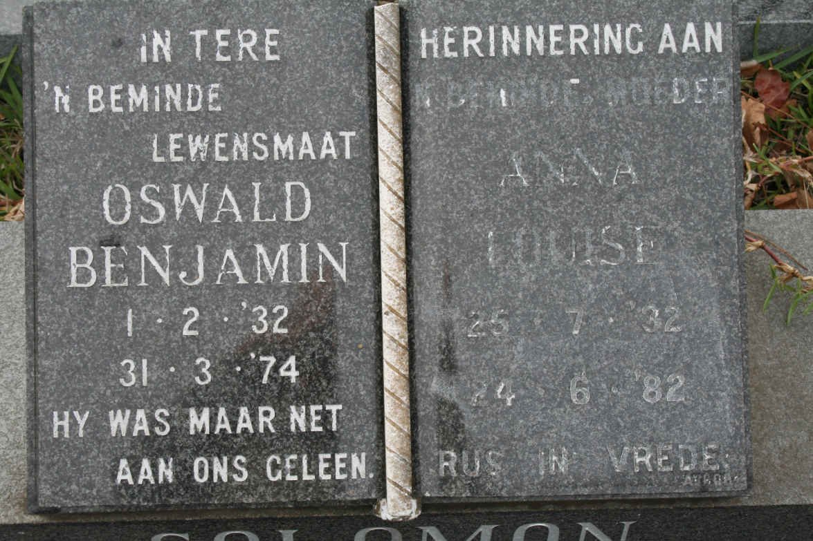 SOLOMON Oswald Benjamin 1932-1974 &amp; Anna Louisa 1932-1982