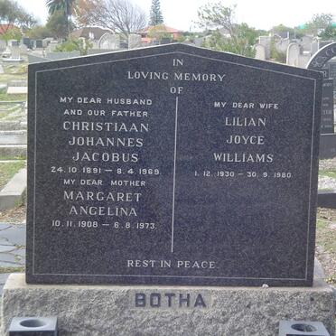 BOTHA Christiaan Johannes Jacobus 1891-1969 &amp; Margaret Angelina 1908-1973 :: WILLIAMS Lilian Joyce 1930-1980