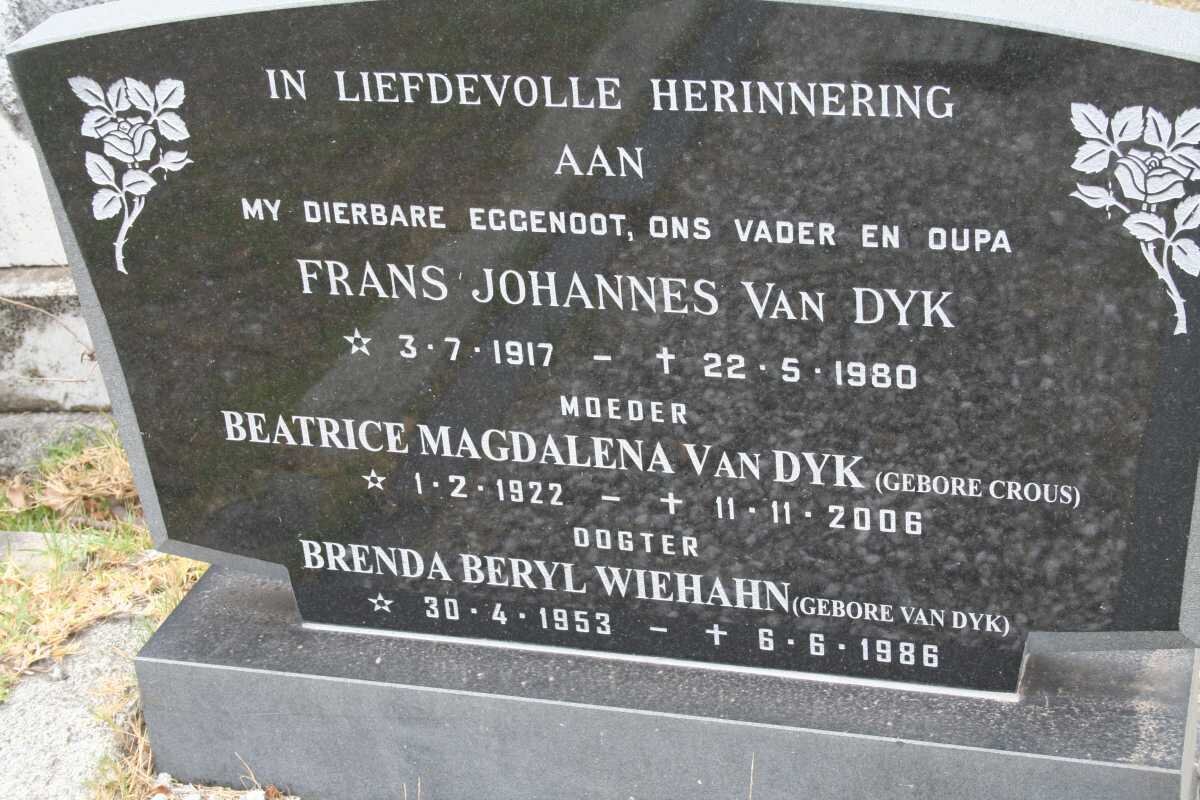 DYK Frans Johannes, van 1917-1980 &amp; Beatrice Magdalena CROUS 1922-2006 :: WIEHAHN Brenda Beryl nee VAN DYK 1953-1986