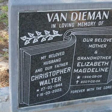 DIEMAN Christopher Walter, van 1944-2003 &amp; Elizabeth Magdeline 1946-2007