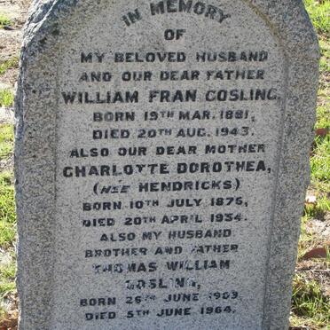 GOSLING William Fran 1881-1943 &amp; Charlotte Dorothea HENDRICKS 1876-1934 :: GOSLING Thomas William 1909-1964