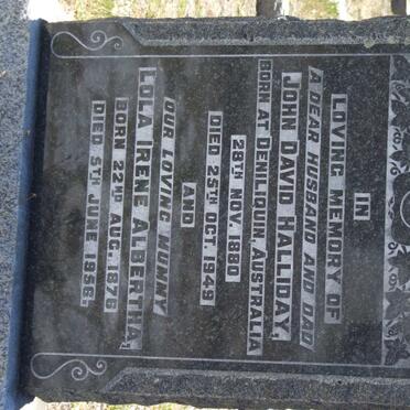 HALLIDAY John David 1880-1949 &amp; Lola Irene Albertha 1876-1956