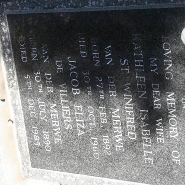 MERWE Jacob Eliza De Villiers, van der 1890-1985 & Kathleen Isabelle St Winifred 1892-1960