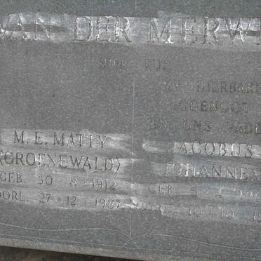 MERWE Jacobus Johannes, van der 1905-1980 & M.E. Matty GROENEWALD 1912-1987