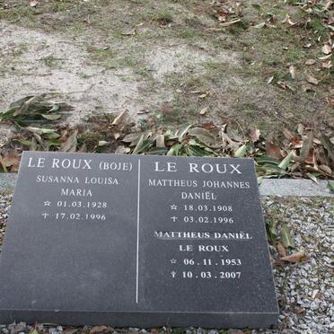 ROUX Mattheus Johannes Daniël, le 1908-1996 :: LE ROUX Louisa Maria nee BOJE 1928-1996 :: LE ROUX Mattheus Daniël 1953-2007