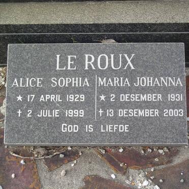 ROUX Alice Sophia, le 1929-1999 :: LE ROUX Maria Johanna 1931-2003