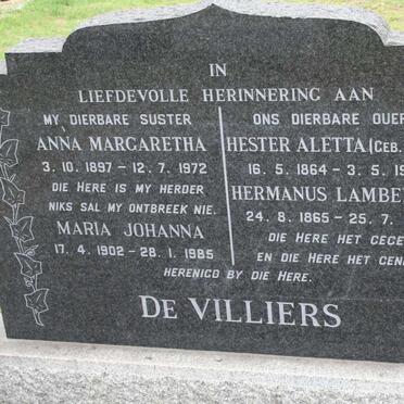 VILLIERS Hermanus Lambertus, de 1865-1960 &amp; Hester Aletta ROUX 1864-1933 :: DE VILLIERS Anna Margaretha 1897-1972