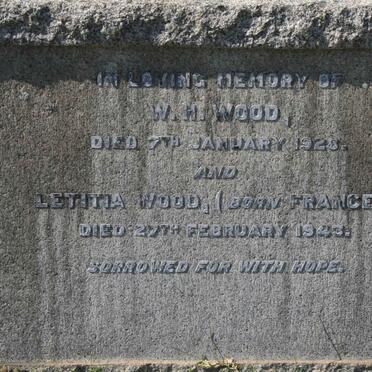 WOOD W.H. -1928 &amp; Letitia FRANCEY -1943