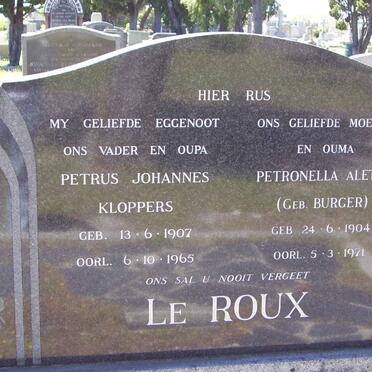 zzROUX Petrus Johannes Kloppers, le 1907-1965 &amp; Petronella Aletta BURGER 1904-1971
