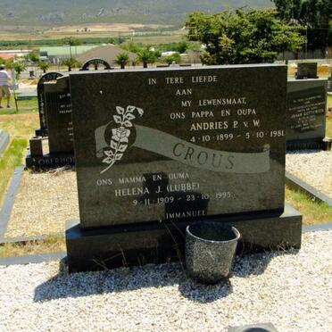 CROUS Andries P. van W. 1899-1981 &amp; Helena J. LUBBE 1909-1995
