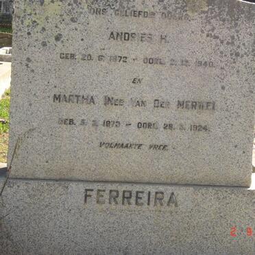 FERREIRA Andries H. 1872-1940 &amp; Martha VAN DER MERWE 1873-1924