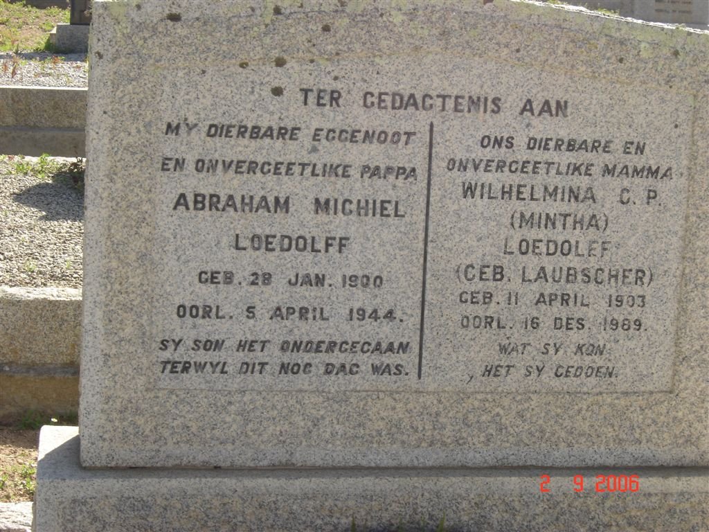 LOEDOLFF Abraham Michiel 1900-1944 &amp; Wilhelmina C.P. LAUBSCHER 1903-1989