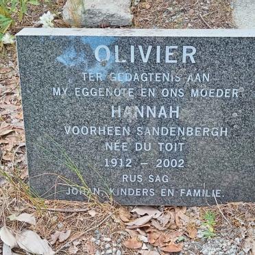 OLIVIER Hannah formerly SANDENBERGH nee DU TOIT 1912-2002