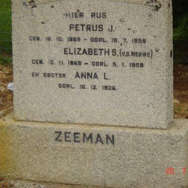 ZEEMAN Petrus J. 1865-1956 &amp;  Elizabeth S. V.D. MERWE 1869-1958 :: ZEEMAN Anna L. -1926