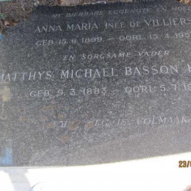 KIRSTEN Mattys Michael Basson 1883-1958 &amp; Anna Maria DE VILLIERS 1899-1953