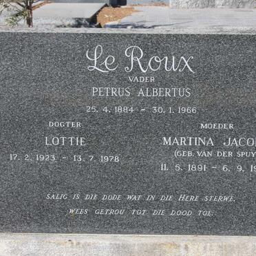 ROUX Petrus Albertus, le 1884-1966 &amp; Martina Jacoba VAN DER SPUY 1891-1989 :: LE ROUX Lottie 1923-1978