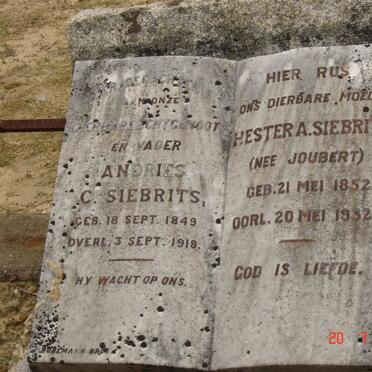 SIEBRITS Andries 1849-1918 &amp;  Hester A. JOUBERT 1852-1932