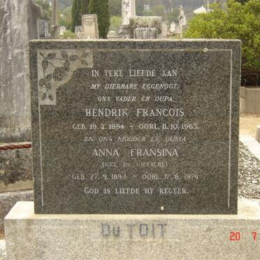 TOIT Hendrik Francois, du 1894-1963 &amp; Anna Fransina DE VILLIERS 1894-1976