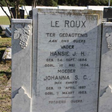 ROUX Hansie J.H., le 1884-1954 &amp; Johanna S.C. nee SWART 1887-1963