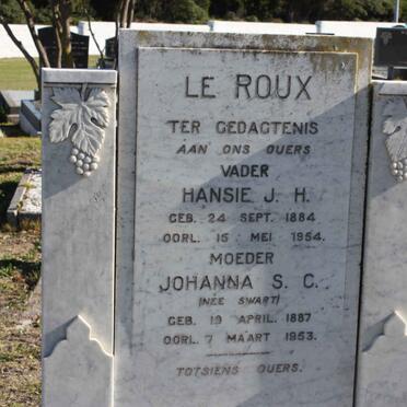ROUX Hansie J.H., le 1884-1954 &amp; Johanna S.C. nee SWART 1887-1963