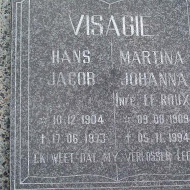 VISAGIE Hans Jacob 1904-1973 &amp; Martina Johanna nee LE ROUX 1909-1994