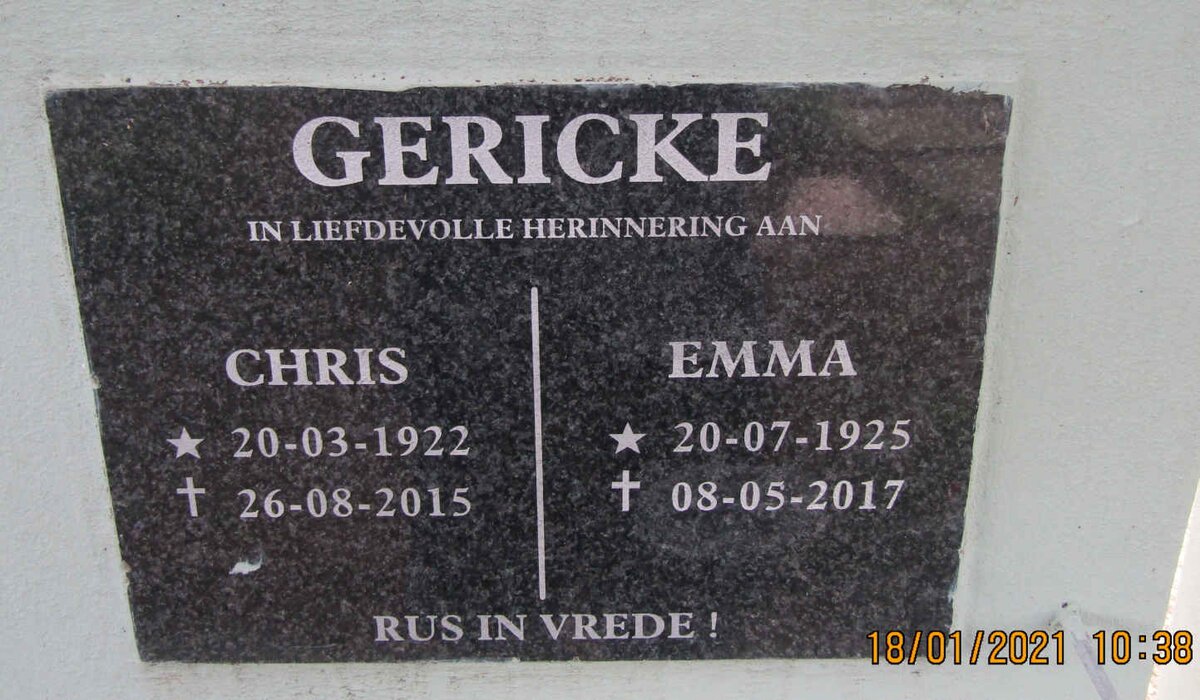 GERICKE Chris 1922-2015 &amp; Emma 1925-2017