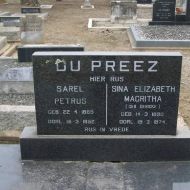 PREEZ Sarel Petrus, du 1889-1952 &amp; Sina Elizabeth Magritha GERICKE 1890-1974