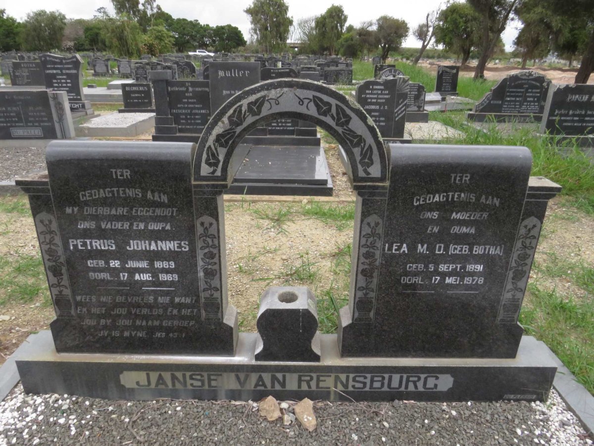 RENSBURG Petrus Johannes, Janse van 1889-1969 &amp; Lea M.D. BOTHA 1891-1978