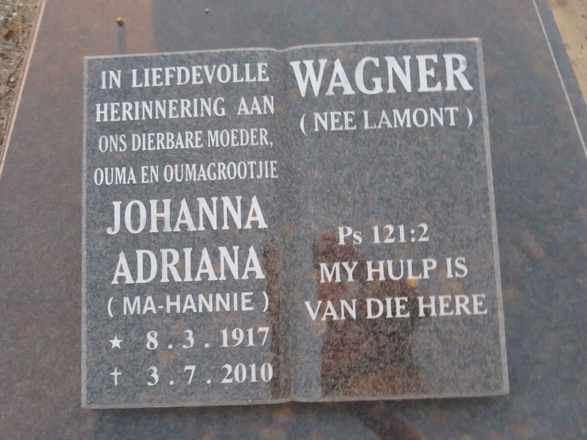 WAGNER Johanna Adriana nee LAMONT 1917-2010