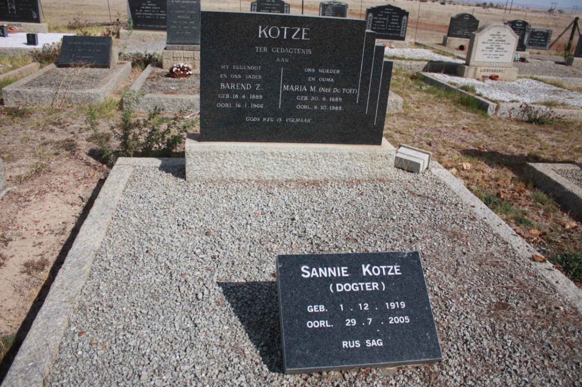 KOTZE Barend Z. 1889-1966 &amp; Maria M. du TOIT 1889-1985 :: KOTZE Sannie 1919-2005