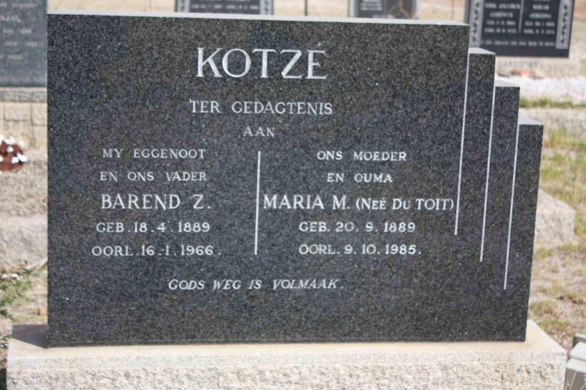 KOTZE Barend Z. 1889-1966 &amp; Maria M. du TOIT 1889-1985