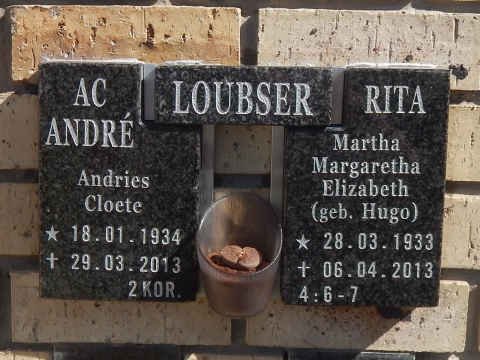 LOUBSER Andries Cloete 1934-2013 &amp; Martha Margaretha Elizabeth HUGO 1933-2013