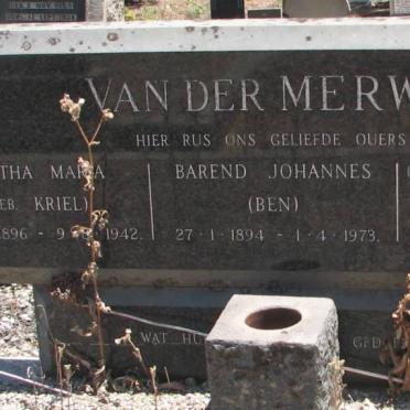 MERWE Barend Johannes, van der 1894-1973 &amp; Martha Maria KRIEL 1896-1942 &amp; Catharina Wilhelmina ROUX 1902-1974