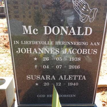 McDONALD Johannes Jacobus  1938-2016 &amp; Susara Aletta 1940-