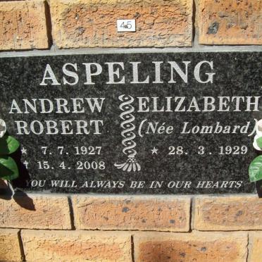 ASPELING Andrew Robert 1927-2008 &amp; Elizabeth LOMBARD 1929-