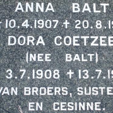 BALT Jan Coenraad 1884-1959 &amp; Jessie BORNMAN 1883-1958 :: BALT Anna 1907-1983 :: COETZEE Dora nee BALT 1908-1985