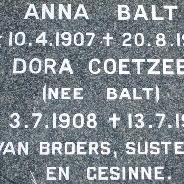 BALT Jan Coenraad 1884-1959 &amp; Jessie BORNMAN 1883-1958 :: BALT Anna 1907-1983 :: COETZEE Dora nee BALT 1908-1985