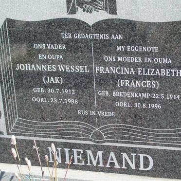 NIEMAND Johannes Wessel 1912-1998 &amp; Francina Elizabeth BREDENKAMP 1914-1996