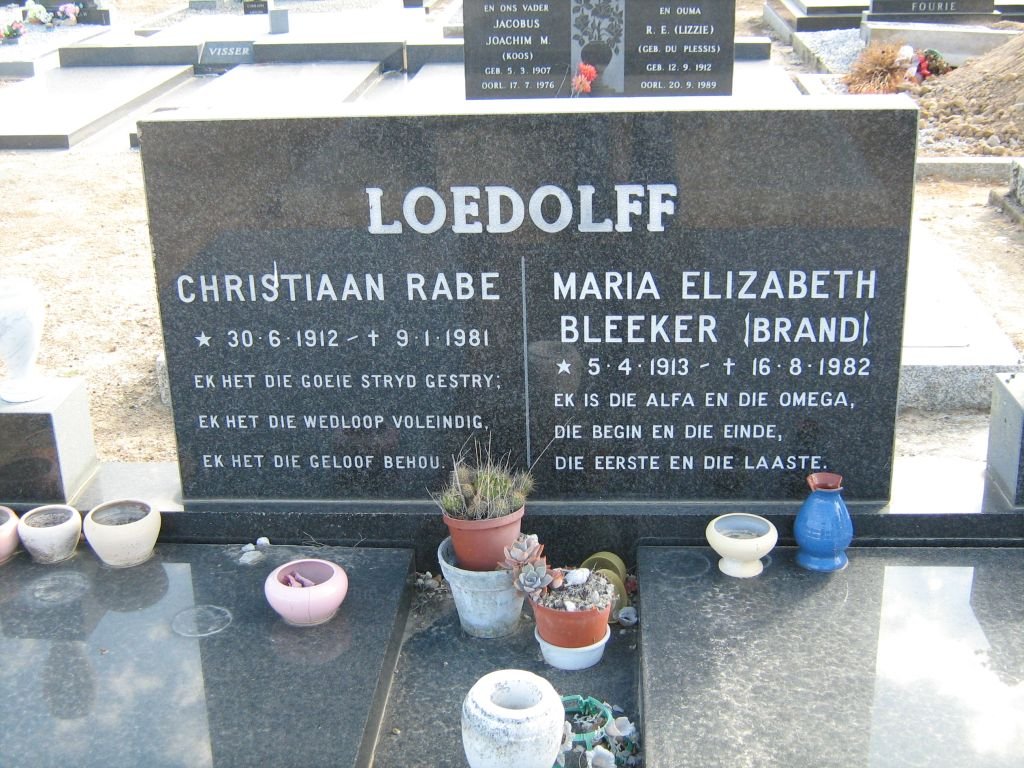 LOEDOLFF Christiaan Rabe 1912-1981 &amp; Maria Elizabeth Bleeker BRAND 1913-1982