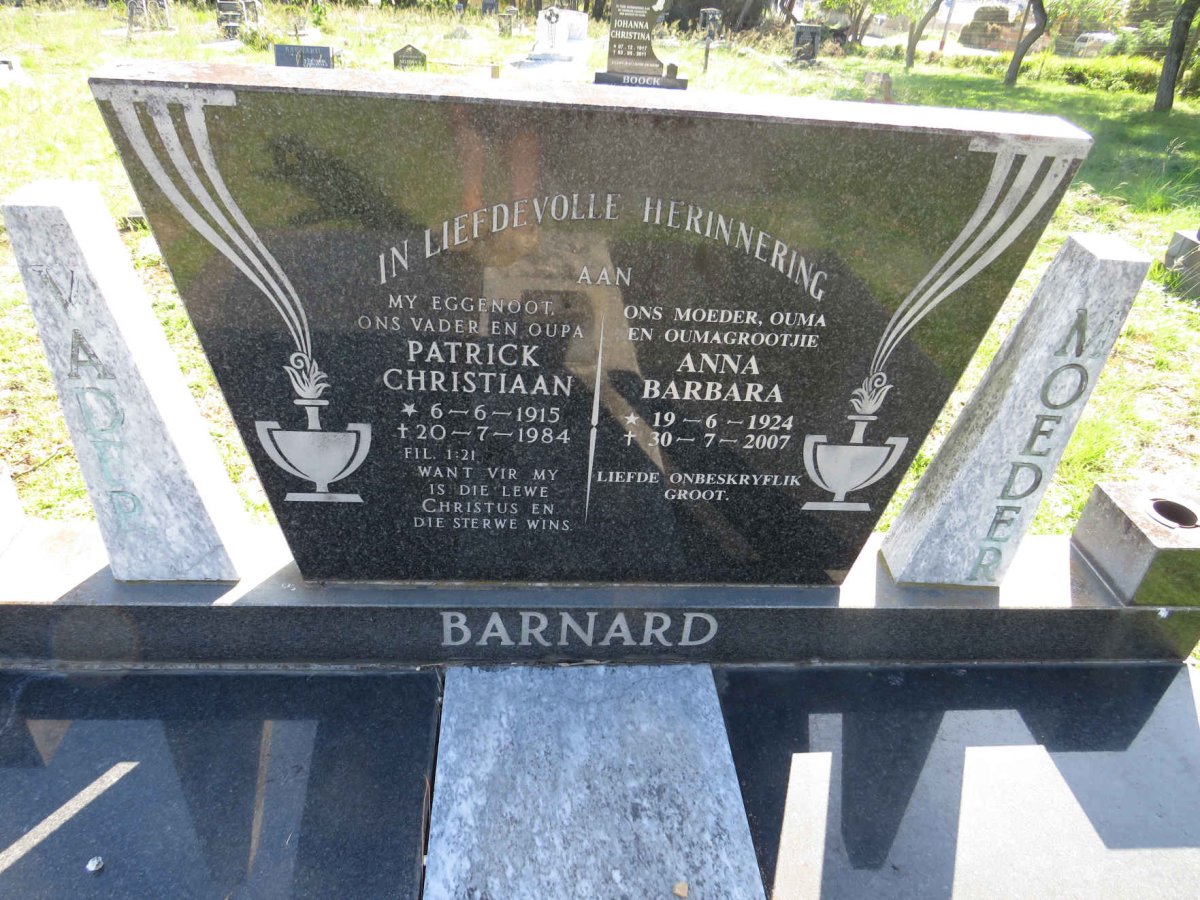 BARNARD Patrick Christiaan 1915-1984 &amp; Anna Barbara 1924-2007
