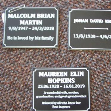 MARTIN Malcolm Brian 1947-2018 :: KRIGE Johan David 1930-2013 :: HOPKINS Maureen Elin 1928-2019