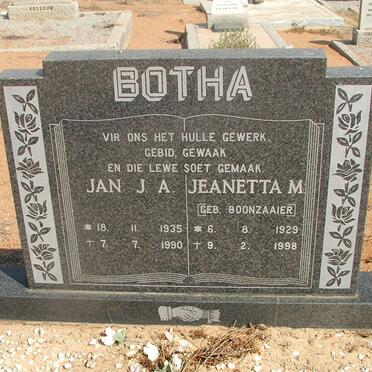 BOTHA Jan J.A. 1935-1990 &amp; Jeanetta M. BOONZAAIER 1929-1998