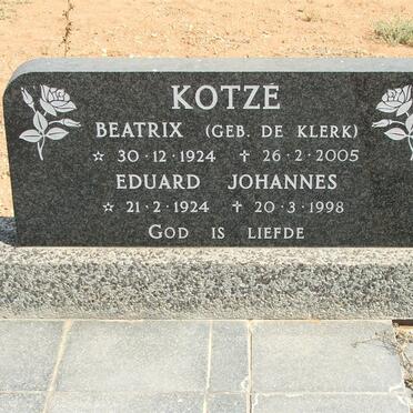 KOTZÉ Eduard Johannes 1924-1998 &amp; Beatrix DE KLERK 1924-2005
