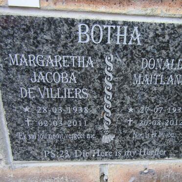 BOTHA Donald Maitland 1937-2012 &amp; Margaretha Jacoba DE VILLIERS 1938-2011