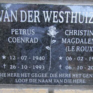 WESTHUIZEN Petrus Coenrad, van der 1940-1993 &amp; Christina Magdalena LE ROUX 1941-2017