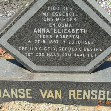 RENSBURG Anna Elizabeth, Janse van nee ROBERTS 1897-1982