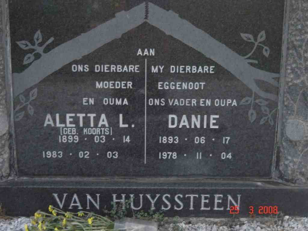 HUYSSTEEN Danie 1893-1978 &amp; Aletta A.L. KOORTS 1899-1983
